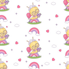 Seamless pattern with snail Grandmother on rainbow