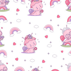 Seamless pattern. Elderly snail grandmother and woman insect kawaii
