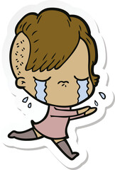 sticker of a cartoon crying girl running away