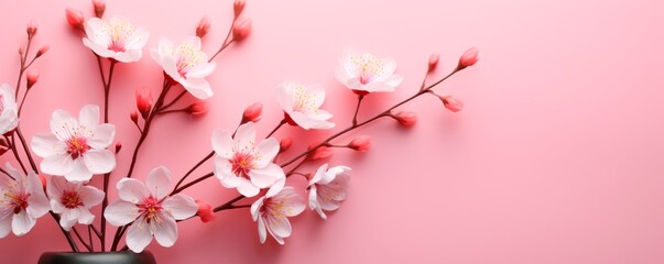 Floral composition. White spring flowers on pink pastel background. Banner Panoramic view for . Flat layout, top view, copy space