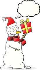 thought bubble cartoon snowman holding present