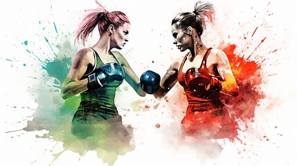 Watercolor illustration of two female boxers facing off in the ring. Concept of women's boxing, the intensity of the sport, and aquarelle artistry. - obrazy, fototapety, plakaty