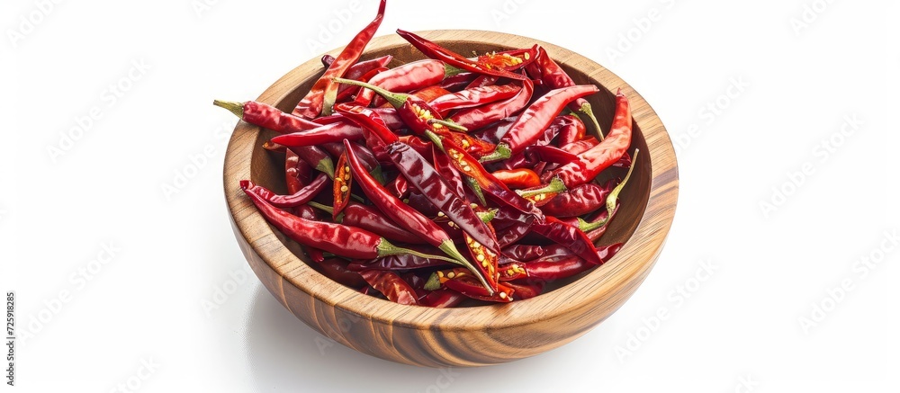 Poster Isolated Wooden Bowl with Bird's Eye Chili, White Background