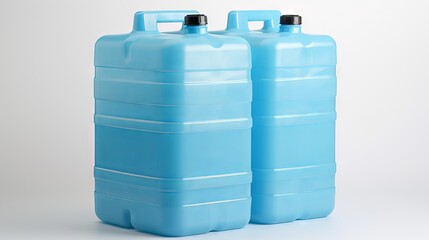 Large blue water containers with black caps. White background. Concept of bulk water storage, emergency preparedness, and resource management.