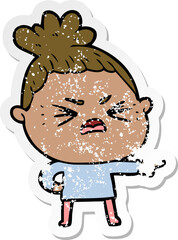distressed sticker of a cartoon angry woman