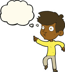 cartoon pointing boy with thought bubble