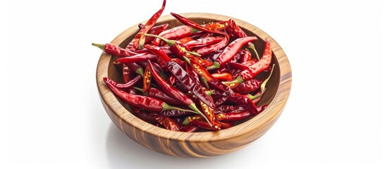 Fototapeta premium Isolated Wooden Bowl with Bird's Eye Chili, White Background