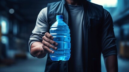 Man holding a clear blue water bottle prominently. Concept of essential hydration, healthy lifestyle promotion, and water accessibility. Dark backdrop