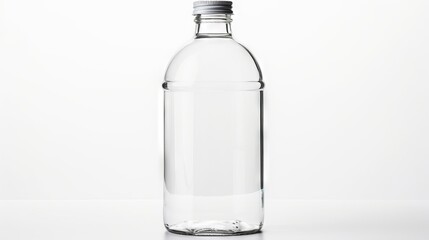 Transparent empty glass water bottle with lid. White background. Concept of environmental health, refillable water containers, and plastic alternatives.
