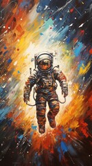 Vibrant oil painting of Astronaut floating in space with colorful nebula backdrop. Concept of space exploration, astronautics, aquarelle art, cosmic. Vertical format