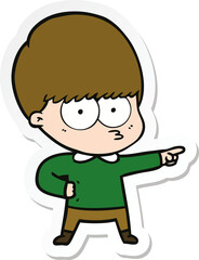 sticker of a nervous cartoon boy pointing