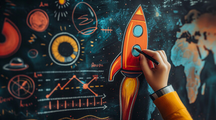 Hand drawing a vibrant rocket ship chalk illustration on a blackboard, surrounded by doodles of astronomical symbols and equations..