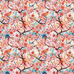 cherry blossom background  Cherry blossoms, colorful cherry trees, leaves, watercolor, fabric pattern, seamless, handicraft design Party design, crafts, art, culture, design, wallpaper, walls, gift 