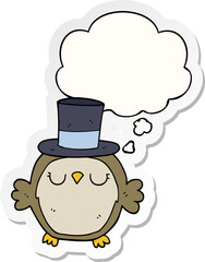 cartoon owl wearing top hat and thought bubble as a printed sticker