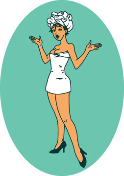 tattoo style icon of a pinup girl in towels