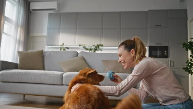 Excited girl playing pet in home living room. Happy active dog trying catch ball