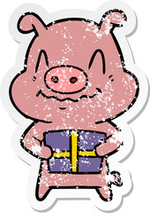 distressed sticker of a nervous cartoon pig with present