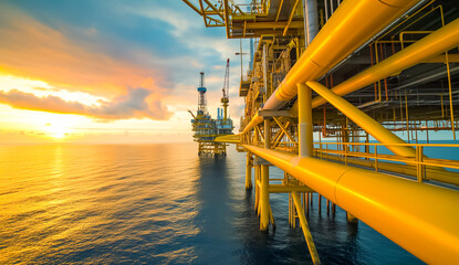 Offshore oil rig drilling platform at sunset. Oil and gas platforms north sea