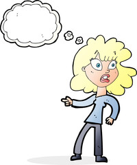 cartoon worried woman pointing with thought bubble
