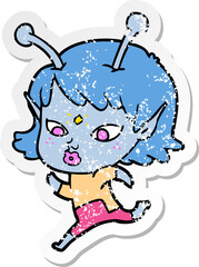 distressed sticker of a pretty cartoon alien girl running