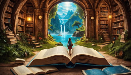 An open storybook reveals a breathtaking fantasy landscape with a majestic castle, serene lake, and lush vegetation under a twilight sky. - obrazy, fototapety, plakaty