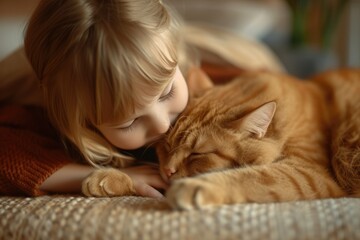 Girl child and big paw red cat. Children and pets. Baby playing with big red cat. 