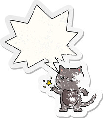 cartoon cat scratching and speech bubble distressed sticker