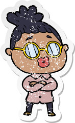 distressed sticker of a cartoon woman wearing spectacles