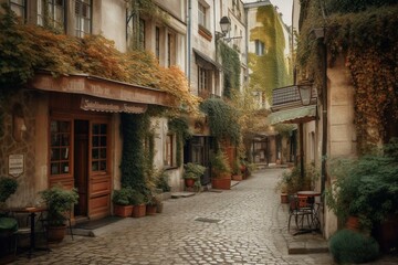Fototapeta na wymiar A quaint street in Paris with charming houses, cozy cafes, and decorative lanterns. Generative AI