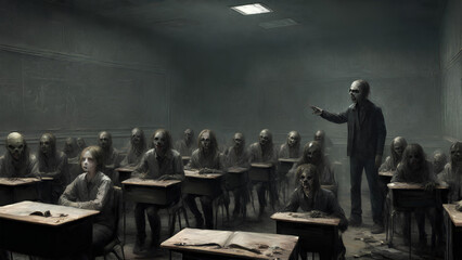 Illustration of an Alien teaching Zombie Students