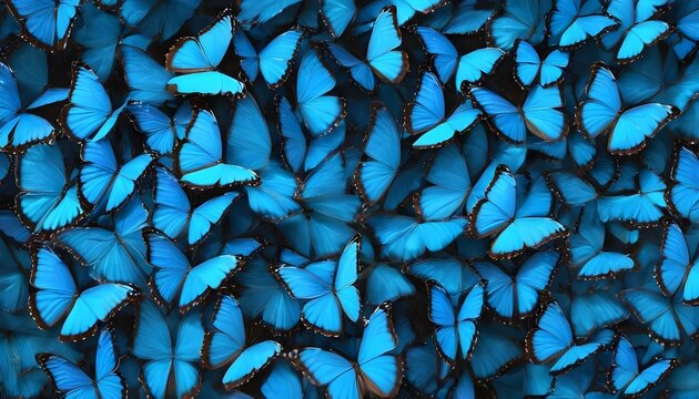 Large group of blue morpho butterflies background 