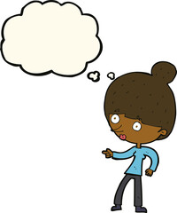 cartoon woman pointing with thought bubble