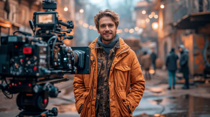 Fototapeta premium Modern Video Camera Filming a Confident Reporter