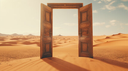 opened door in the desert art concept  - obrazy, fototapety, plakaty