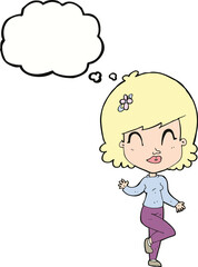 cartoon pretty woman dancing with thought bubble