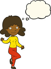 cartoon friendly woman waving with thought bubble