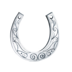 Watercolor illustration light grey horseshoe isolated on white background. Hand drawn symbol of good luck. Design element for Irish holiday card, website, flyer, wrapping. St Patricks day symbol.