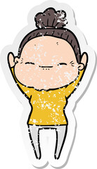 distressed sticker of a cartoon peaceful old woman