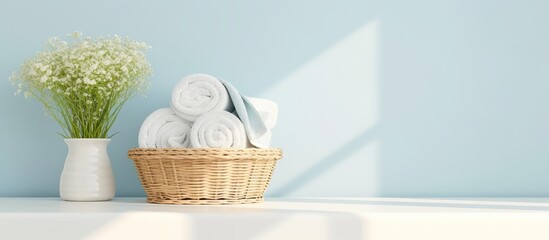 Empty area with clean, fresh towels in wicker basket on white table against bright wall.