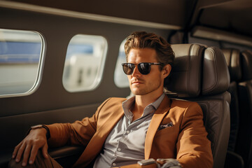 Handsome man inside a private jet. Generative ai image.