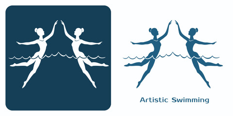 Artistic or swimming 2 icons. Women athletes synchronized performance emblem. Water ballet duet.