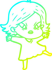 cold gradient line drawing cartoon stressed woman
