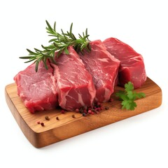 a pieces of raw sirloin meat on a chopping board, studio light , isolated on white background