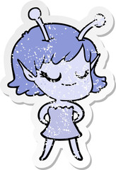 distressed sticker of a smiling alien girl cartoon