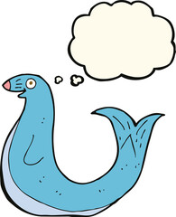 cartoon happy seal with thought bubble