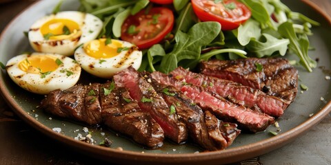 Yummy Grilled Beef Steak! Sliced and Served with a Green Salad Full of Eggs - Delicious and Satisfying - Soft Natural Light