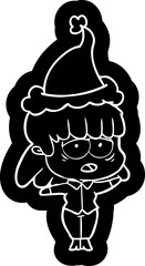 cartoon icon of a tired woman wearing santa hat