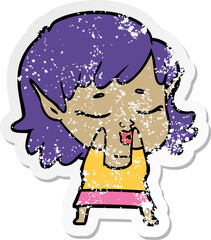 distressed sticker of a pretty cartoon elf girl