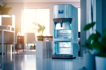 Modern water cooler in a well-lit office. Concept of corporate wellness, hydration station, office hydration solutions, and drinking water. Copy space