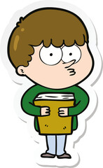 sticker of a cartoon curious boy holding a book